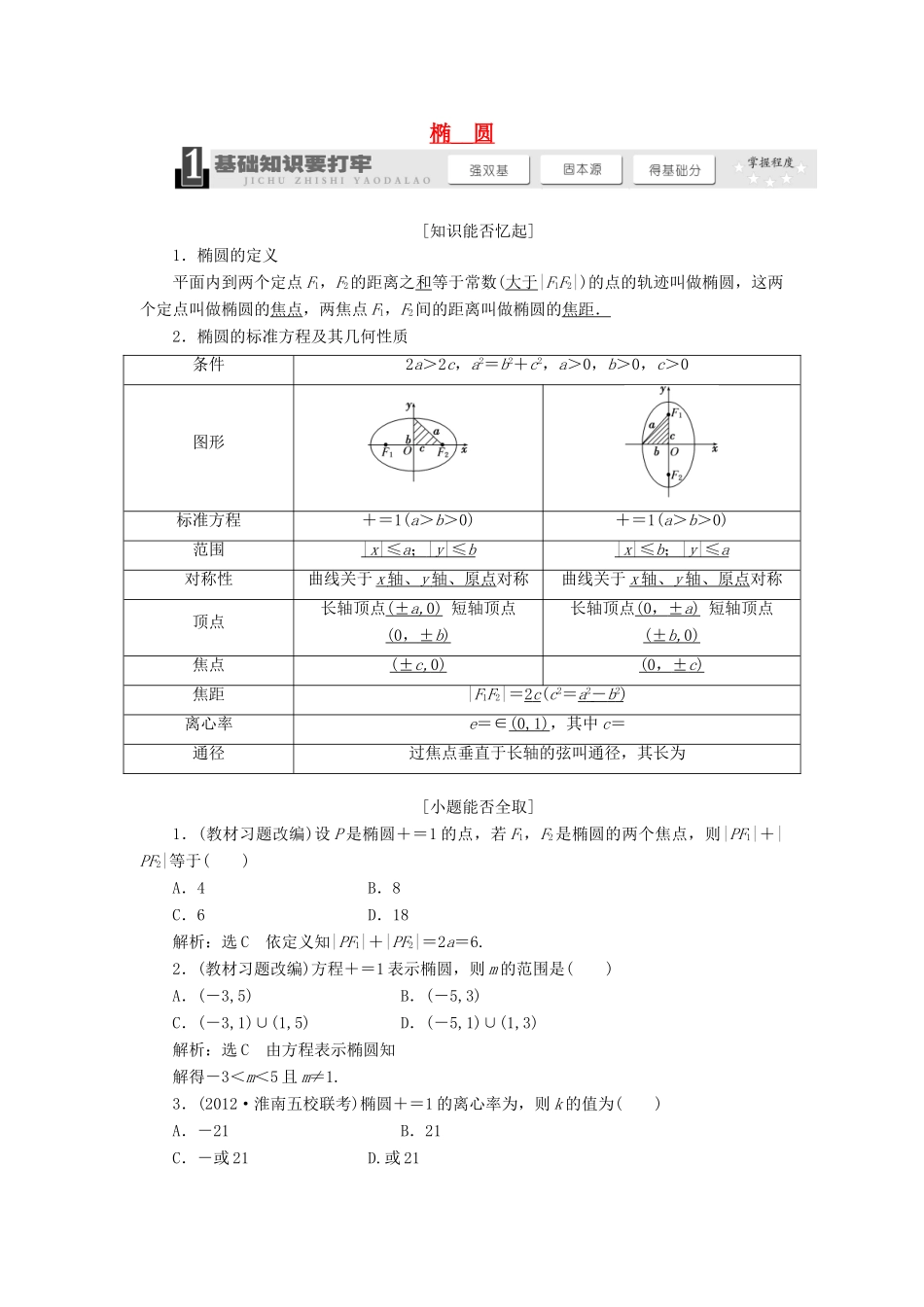【三维设计】2013届高考数学总复习（基础知识+高频考点+解题训练）第八章 椭圆教学案 新人教A版 _第1页