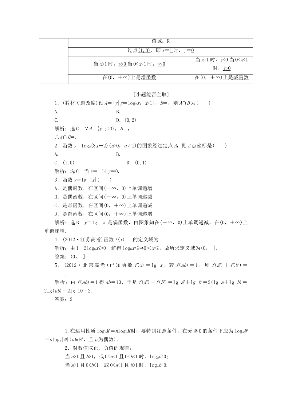 【三维设计】2013届高考数学总复习（基础知识+高频考点+解题训练）第二章 对数与对数函数教学案（含解析）新人教A版_第2页