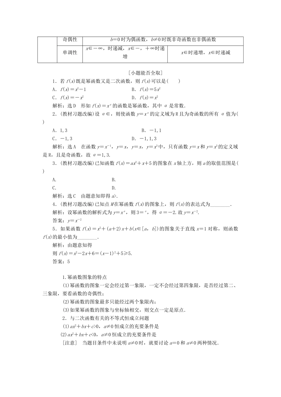 【三维设计】2013届高考数学总复习（基础知识+高频考点+解题训练）第二章 二次函数与幂函数教学案（含解析）新人教A版_第2页