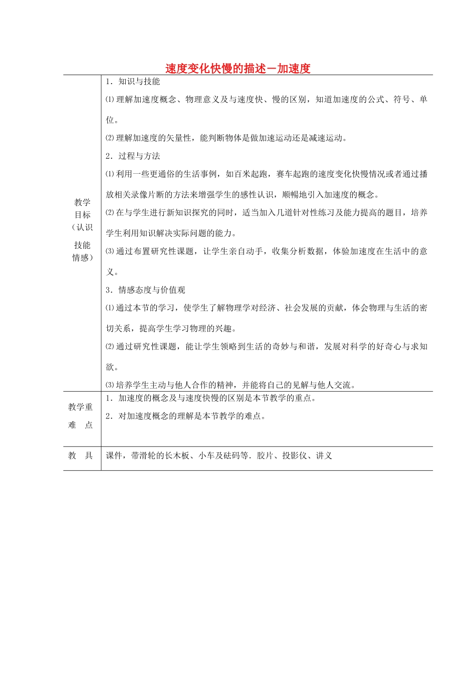 《速度变化快慢的描述——加速度》教案（1）_第1页