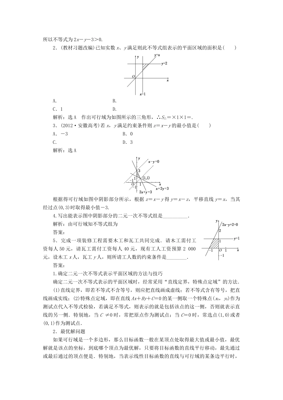 【三维设计】2013届高考数学总复习（基础知识+高频考点+解题训练）第六章 二元一次不等式(组)及简单的线性规划问题教学案（含解析）新人教A版_第2页