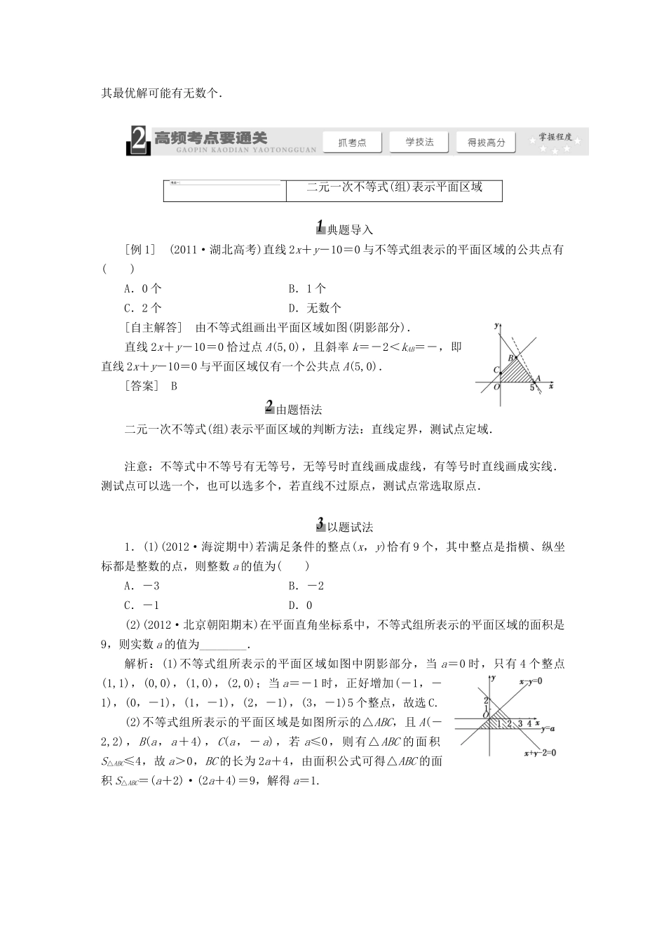 【三维设计】2013届高考数学总复习（基础知识+高频考点+解题训练）第六章 二元一次不等式(组)及简单的线性规划问题教学案（含解析）新人教A版_第3页