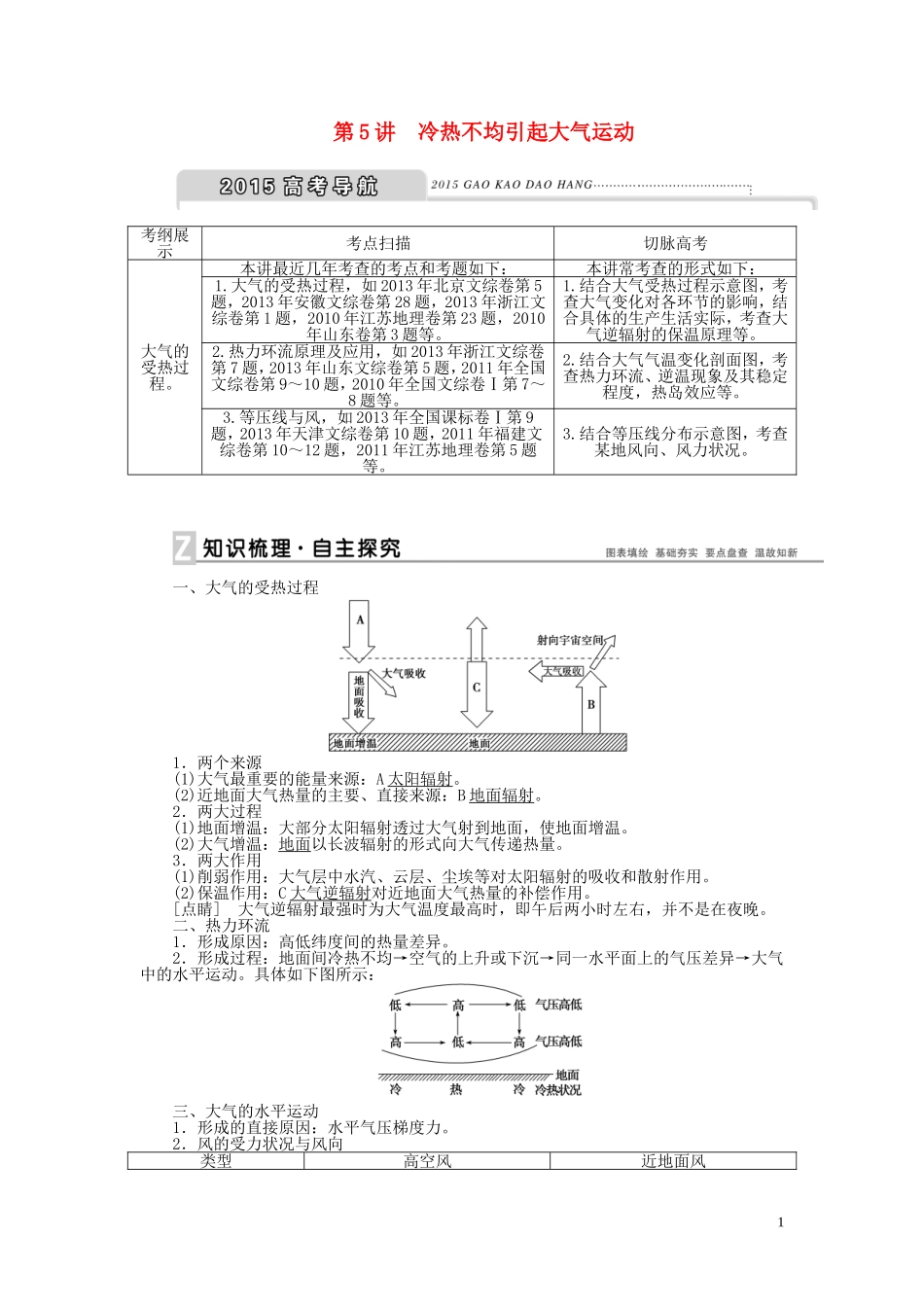 【优化方案】2015届高考地理新一轮复习 第二章 第5讲 冷热不均引起大气运动教案_第1页