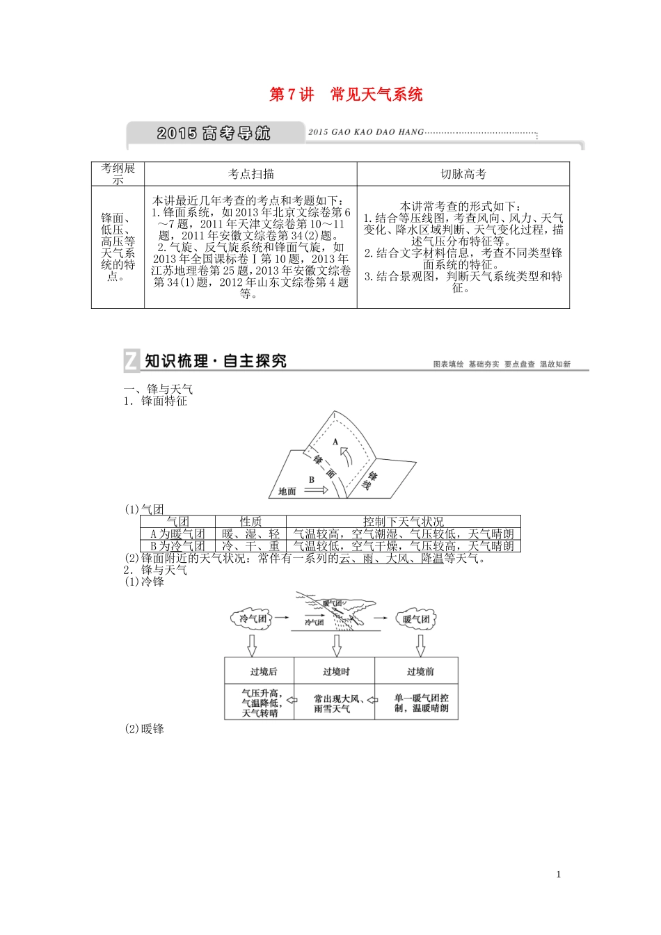 【优化方案】2015届高考地理新一轮复习 第二章 第7讲 常见天气系统教案_第1页