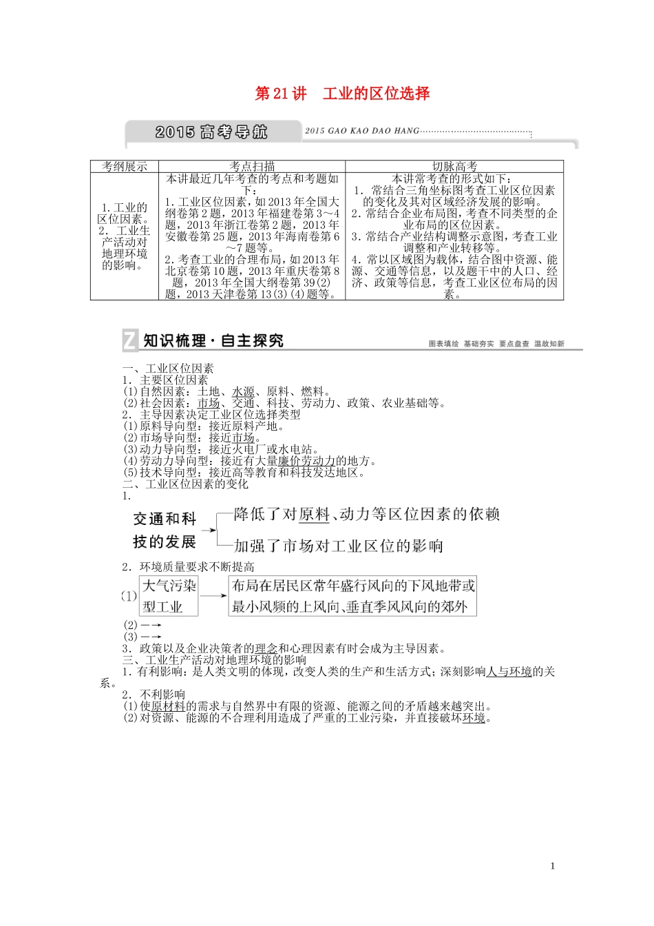 【优化方案】2015届高考地理新一轮复习 第九章 第21讲 工业的区位选择教案_第1页