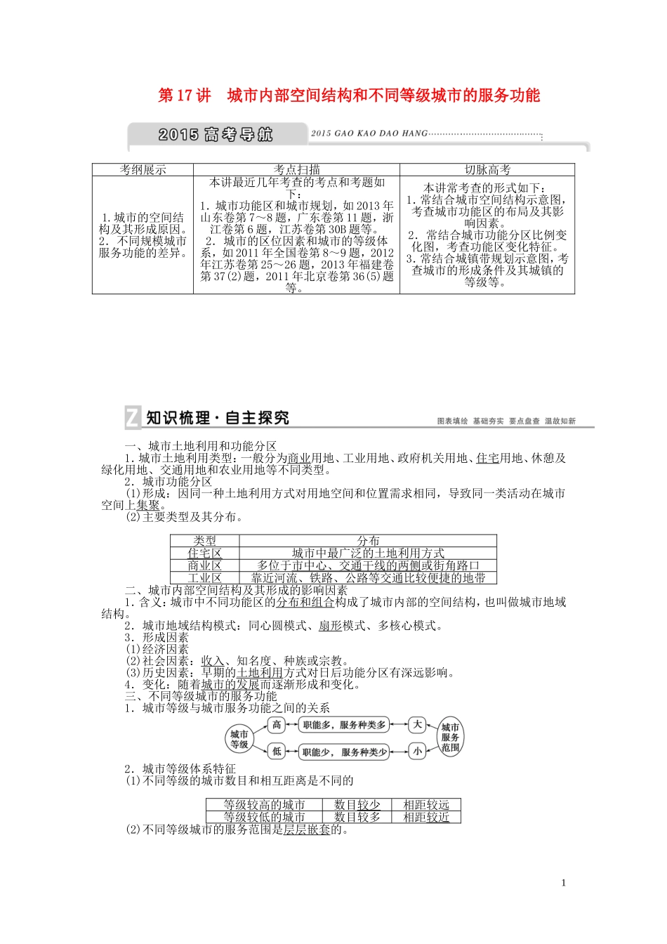 【优化方案】2015届高考地理新一轮复习 第七章 第17讲 城市内部空间结构和不同等级城市的服务功能教案_第1页