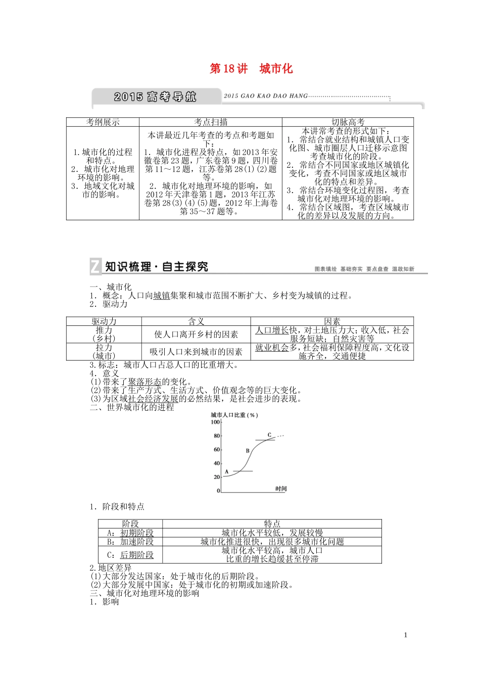 【优化方案】2015届高考地理新一轮复习 第七章 第18讲 城市化教案_第1页