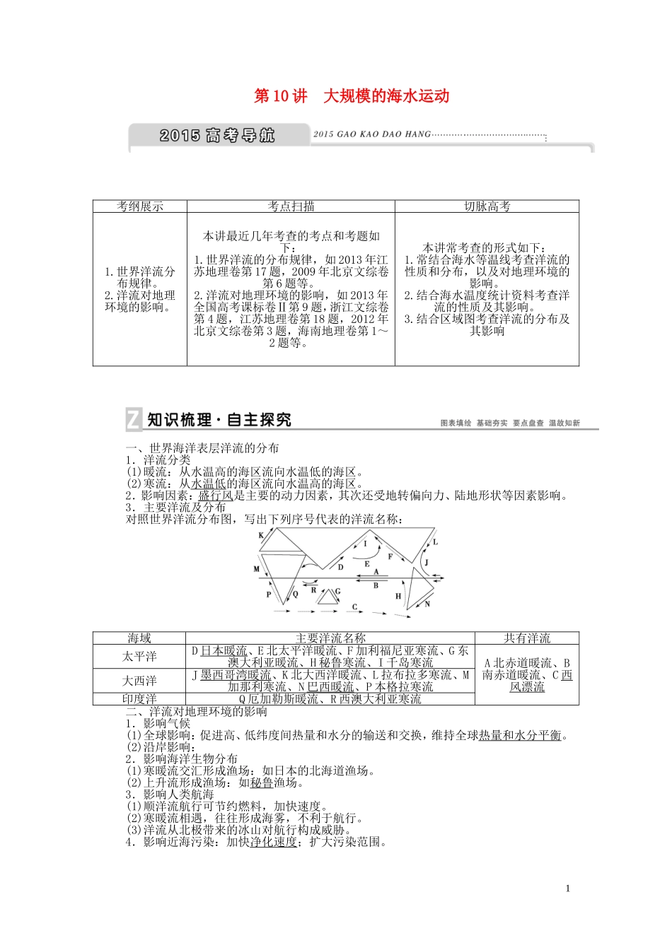 【优化方案】2015届高考地理新一轮复习 第三章 第10讲 大规模的海水运动教案_第1页