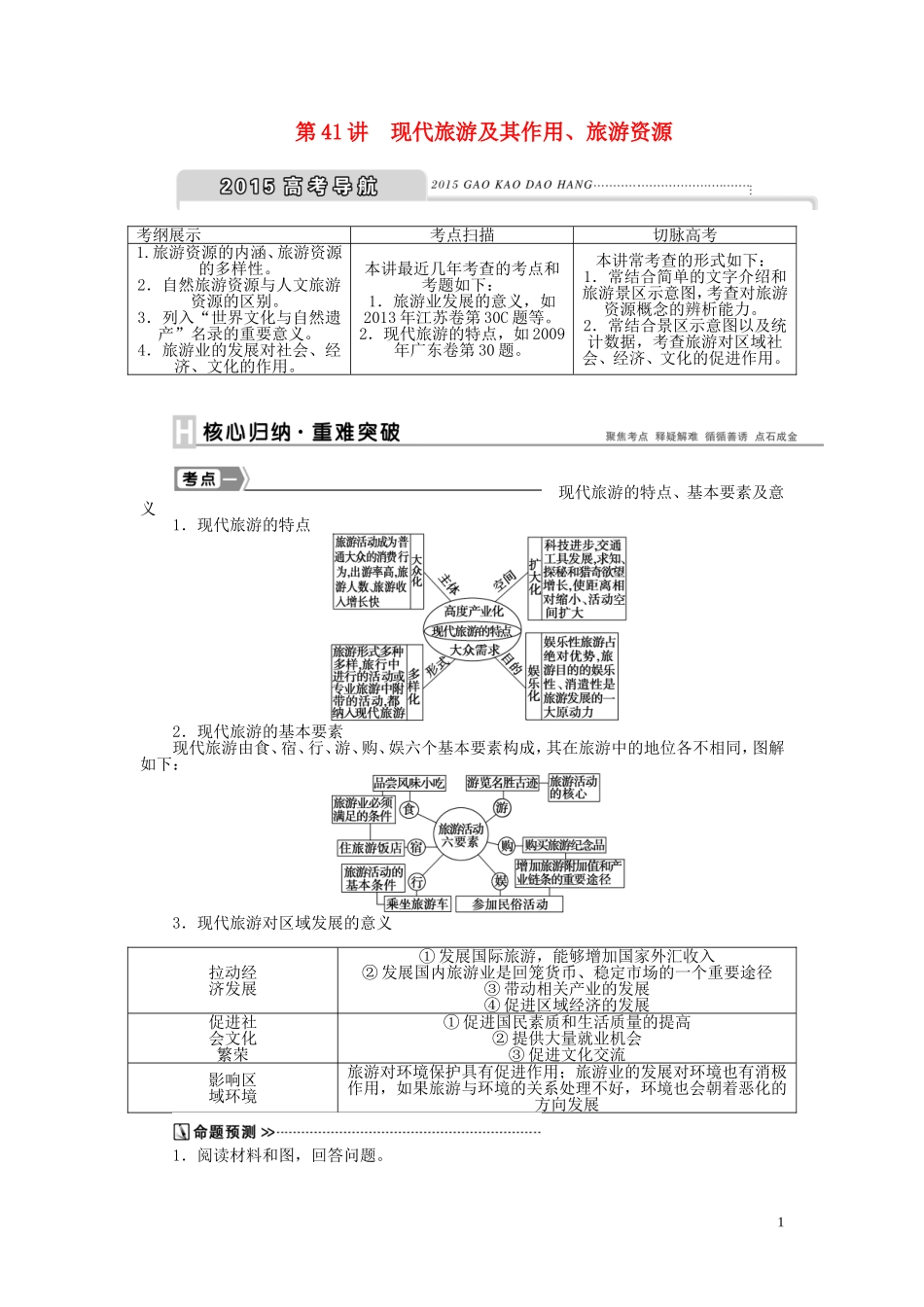 【优化方案】2015届高考地理新一轮复习 第十九章 第41讲 现代旅游及其作用、旅游资源教案_第1页