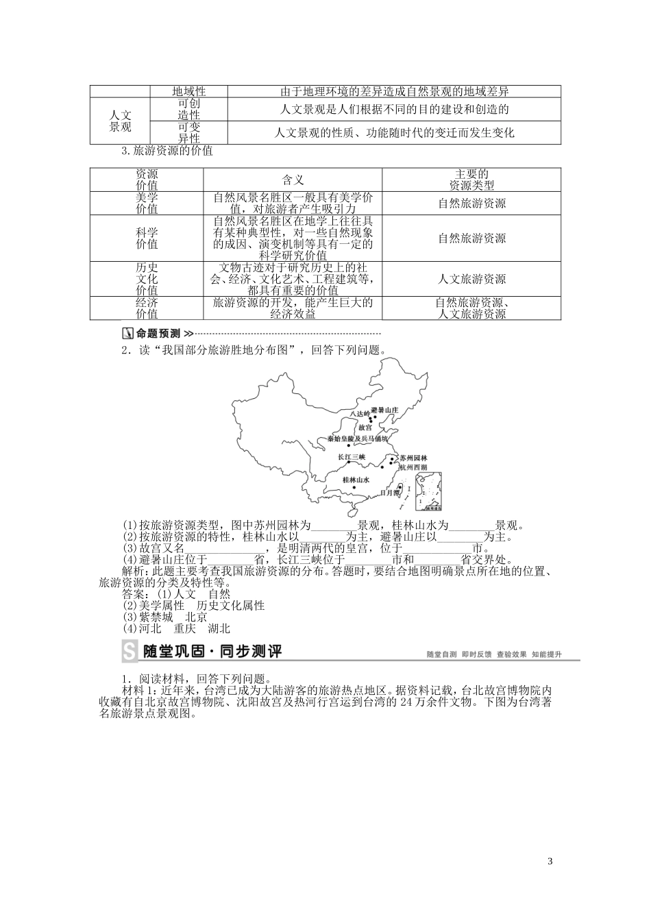 【优化方案】2015届高考地理新一轮复习 第十九章 第41讲 现代旅游及其作用、旅游资源教案_第3页