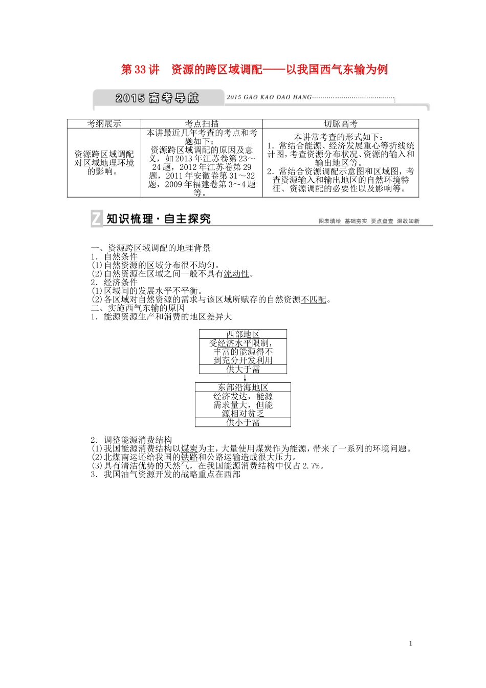 【优化方案】2015届高考地理新一轮复习 第十六章 第33讲 资源的跨区域调配 以我国西气东输为例教案_第1页