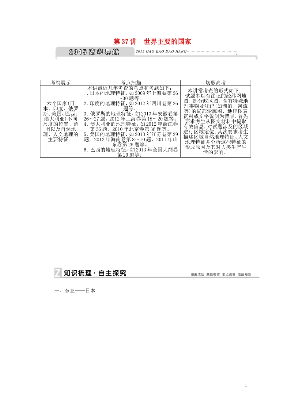 【优化方案】2015届高考地理新一轮复习 第十七章 第37讲 世界主要的国家教案_第1页