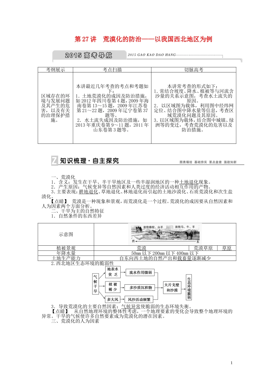【优化方案】2015届高考地理新一轮复习 第十三章 第27讲 荒漠化的防治 以我国西北地区为例教案_第1页