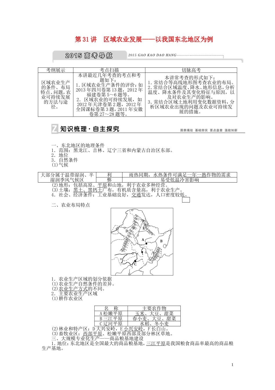 【优化方案】2015届高考地理新一轮复习 第十五章 第31讲 区域农业发展 以我国东北地区为例教案_第1页