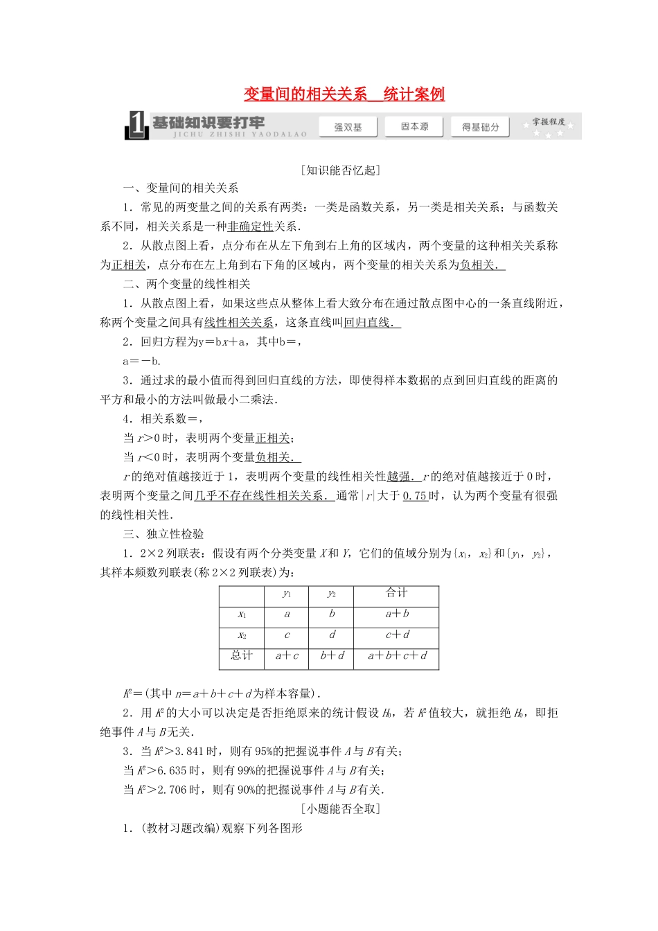 【三维设计】2014届高考数学一轮复习 （基础知识+高频考点+解题训练）变量间的相关关系统计案例教学案_第1页