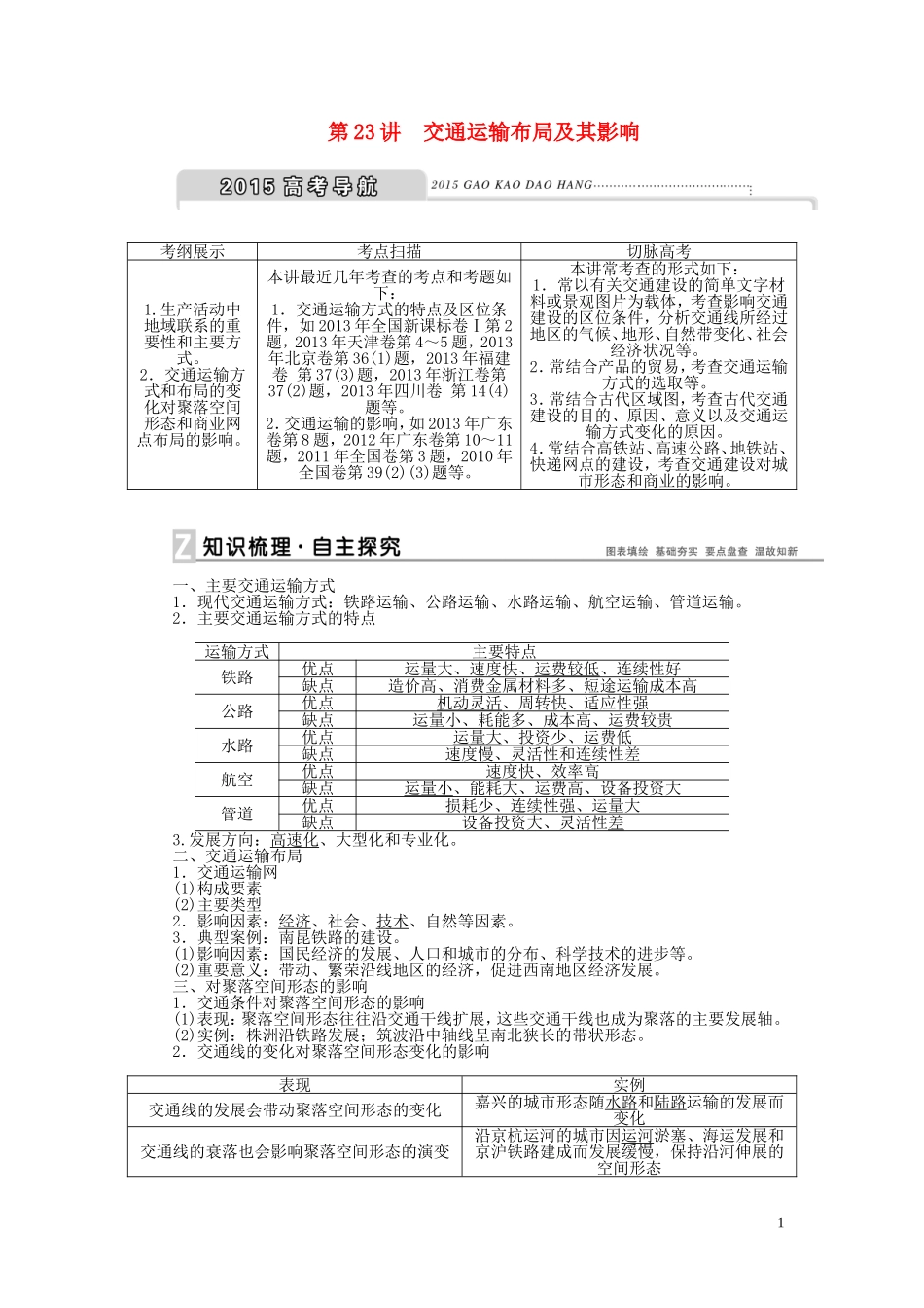 【优化方案】2015届高考地理新一轮复习 第十章 交通运输布局及其影响教案_第1页