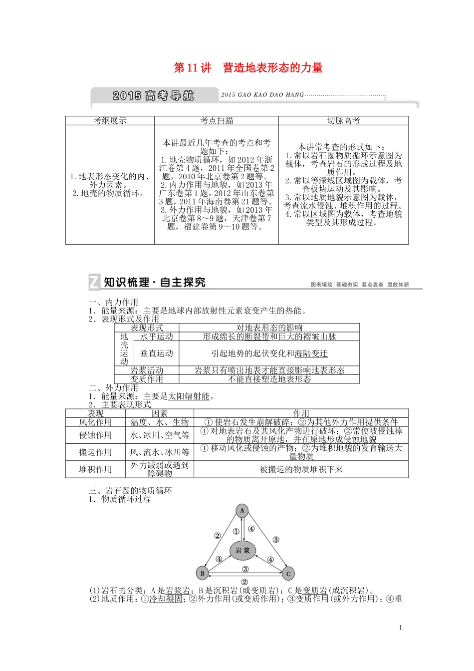 【优化方案】2015届高考地理新一轮复习 第四章 第11讲 营造地表形态的力量教案_第1页