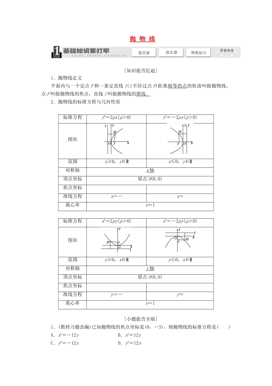 【三维设计】2014届高考数学一轮复习 （基础知识+高频考点+解题训练）抛物线教学案_第1页