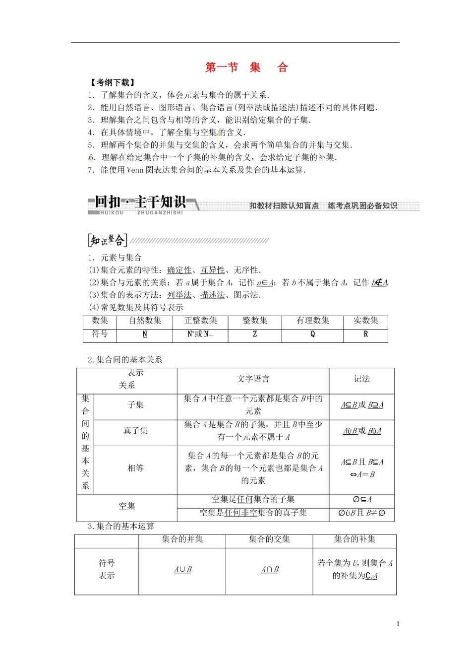 【创新方案】（浙江专版）2015届高考数学一轮复习（回扣主干知识+提升学科素养）第一章 第一节 集合教案 文_第1页