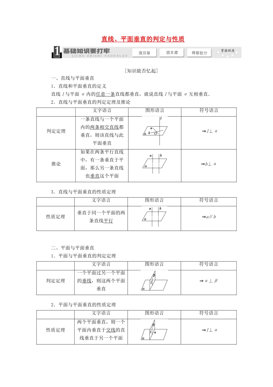 【三维设计】2014届高考数学一轮复习 （基础知识+高频考点+解题训练）直线、平面垂直的判定与性质教学案_第1页