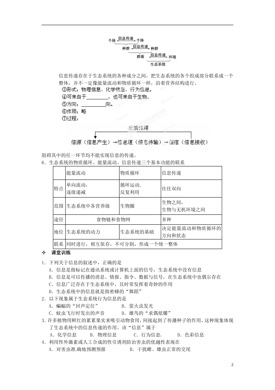 【创新方案】2013-2014学年高中生物 （预习设计+课堂精炼）第5章 第4节 生态系统的信息传递名师课堂导学设计 新人教版必修2_第2页