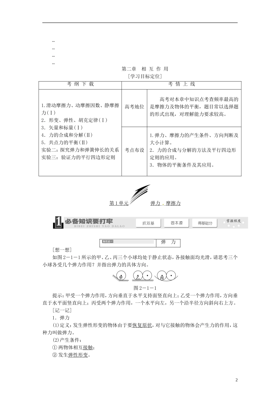【三维设计】2014届高三物理一轮 （14年预测+目标定位+规律总结） 2.1弹力 摩擦力教学案 新人教版_第2页