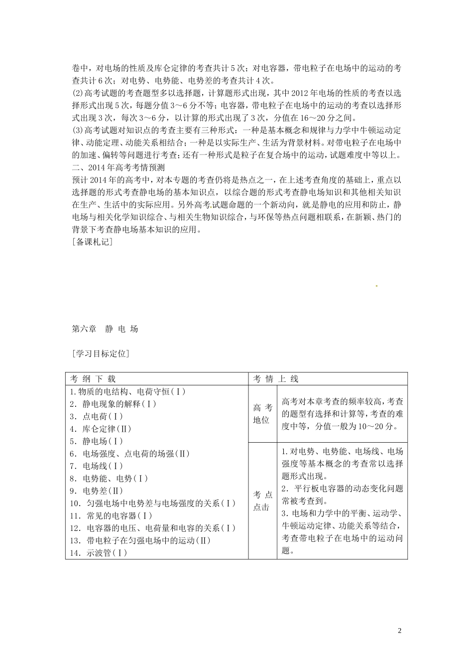 【三维设计】2014届高三物理一轮 （14年预测+目标定位+规律总结） 6.1电场力的性质教学案 新人教版_第2页