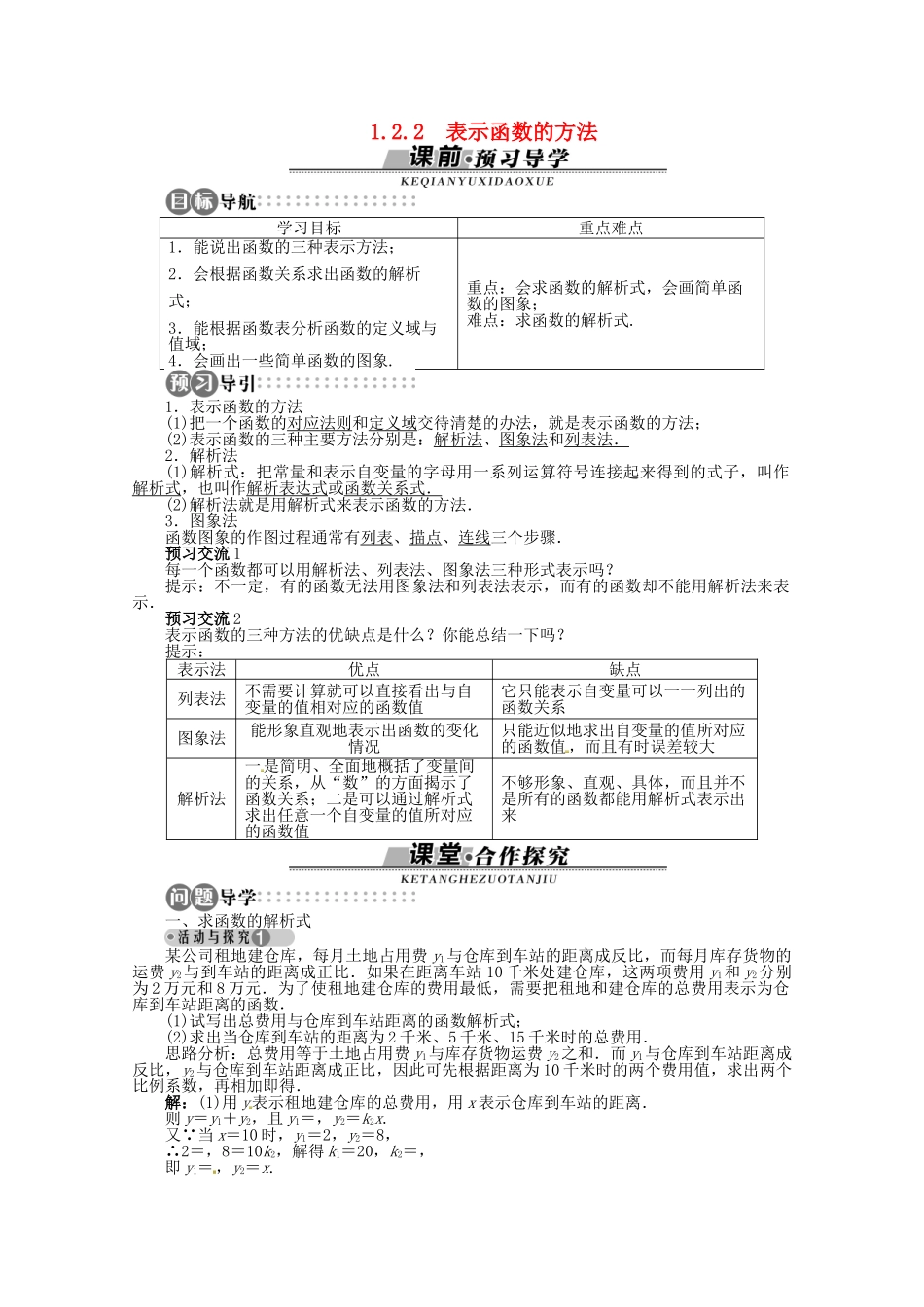 【优化指导】高中数学（基础预习+课堂探究+达标训练）1.2.2 表示函数的方法 湘教版必修1_第1页