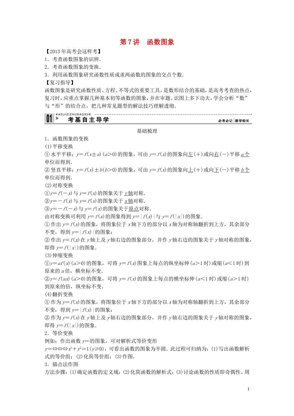 【创新方案】2013年高考数学一轮复习 第二篇 函数与基本初等函数Ⅰ第7讲　函数图象教案 理 新人教版_第1页
