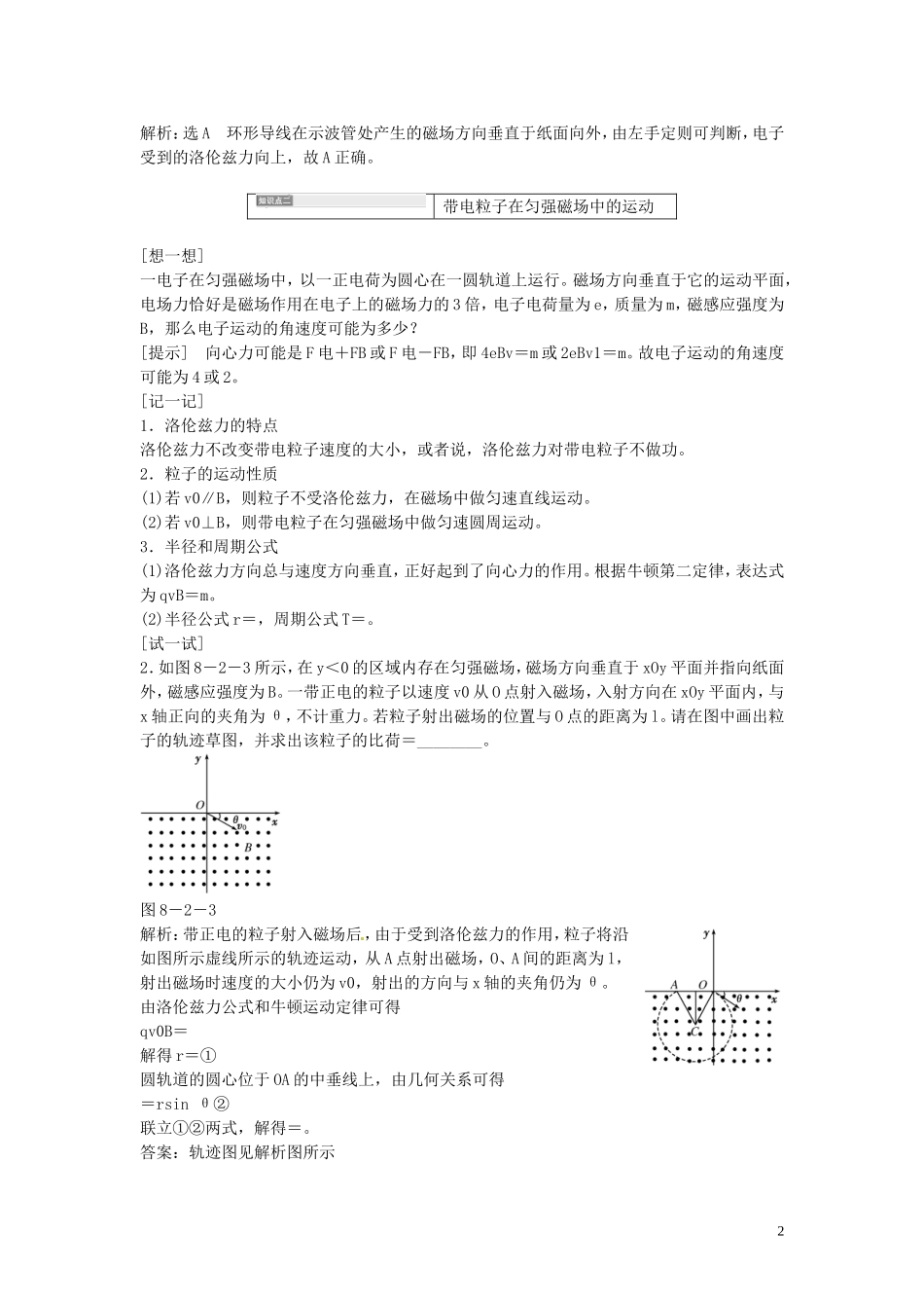 【三维设计】2014届高三物理一轮 （14年预测+目标定位+规律总结） 8.2磁场对运动电荷的作用教学案 新人教版_第2页