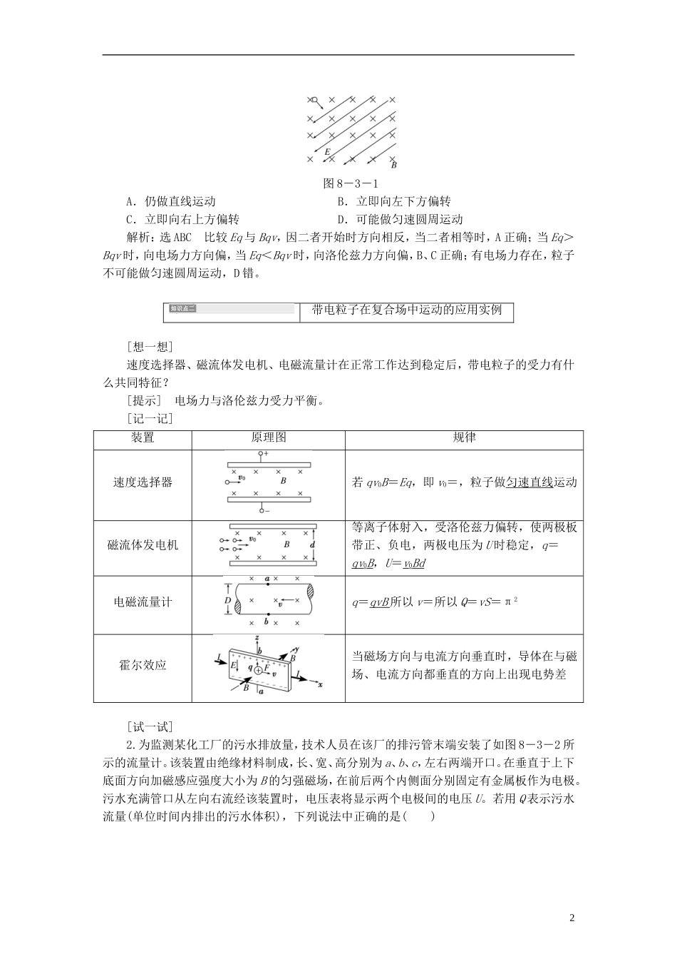 【三维设计】2014届高三物理一轮 （14年预测+目标定位+规律总结） 8.3带电粒子在复合场中的运动教学案 新人教版_第2页