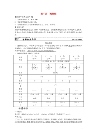 【创新方案】2013年高考数学一轮复习 第九篇 解析几何 第7讲　抛物线教案 理 新人教版