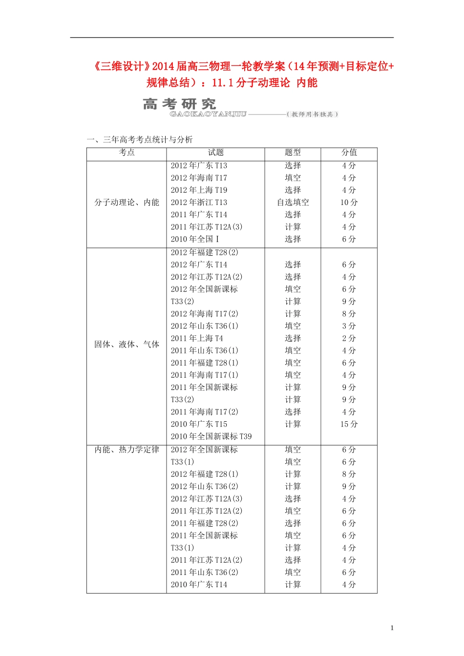【三维设计】2014届高三物理一轮 （14年预测+目标定位+规律总结） 11.1分子动理论 内能教学案 新人教版_第1页
