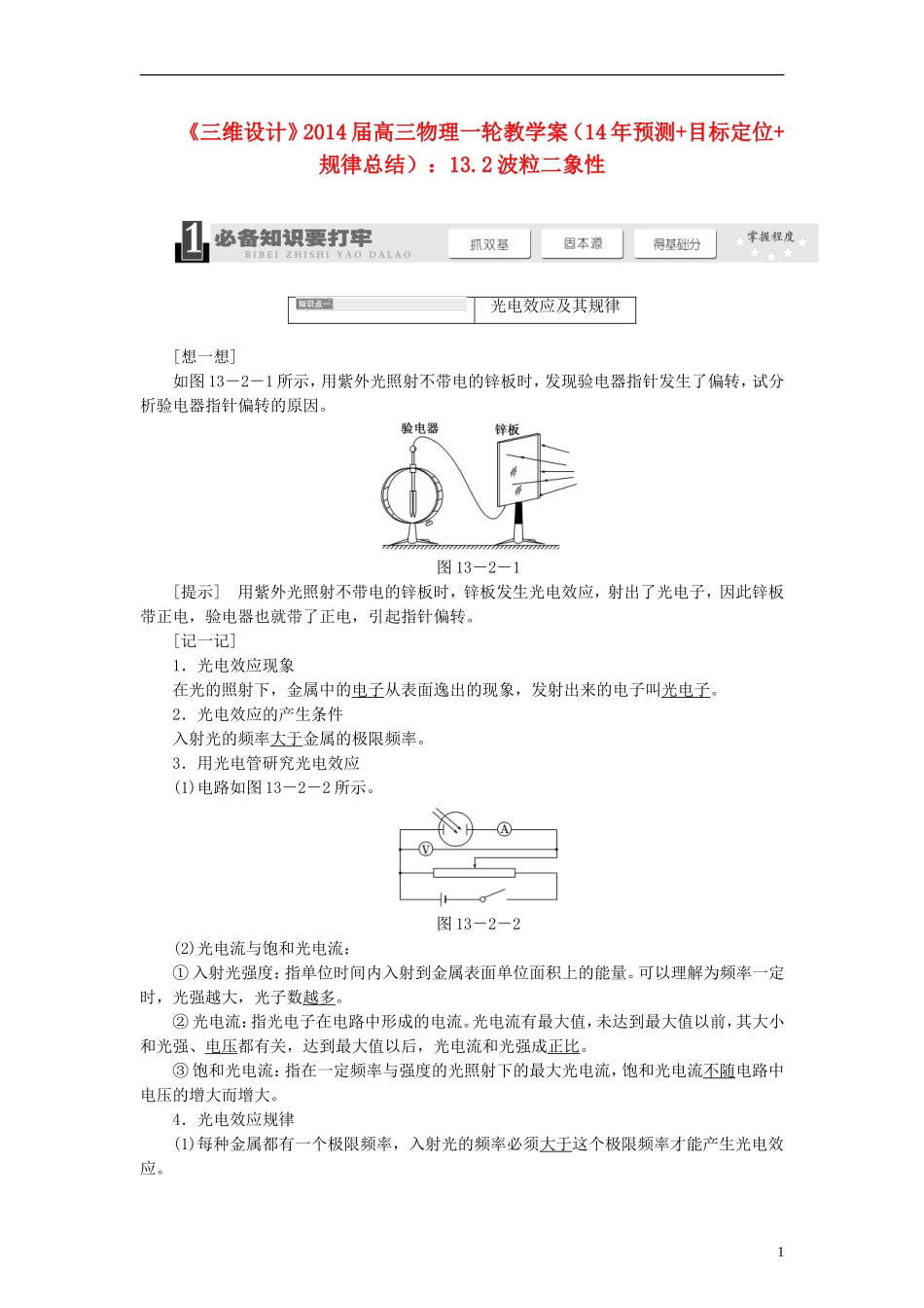 【三维设计】2014届高三物理一轮 （14年预测+目标定位+规律总结） 13.2波粒二象性教学案 新人教版_第1页