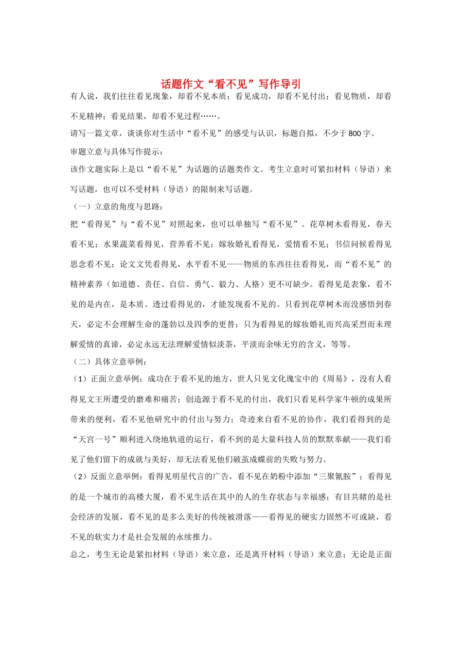 【吹尽狂沙系列】高中语文 经典话题作文题写作指导 看不见_第1页