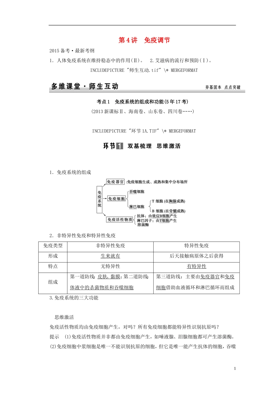 【创新设计】（山东专用）2015年高考生物 第一单元第4讲 免疫调节教学案 新人教版必修3 _第1页