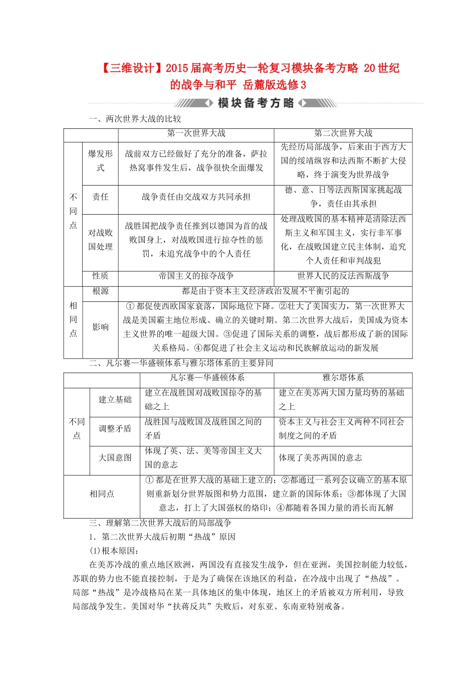 【三维设计】2015届高考历史一轮复习模块备考方略 20世纪的战争与和平 岳麓版选修3_第1页