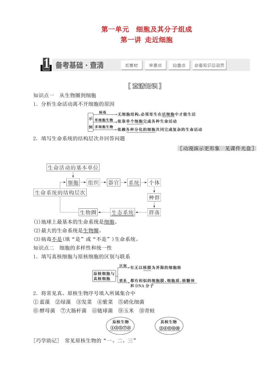 【三维设计】2015届高考生物一轮精品讲义 1.1 走近细胞 新人教版必修1_第1页