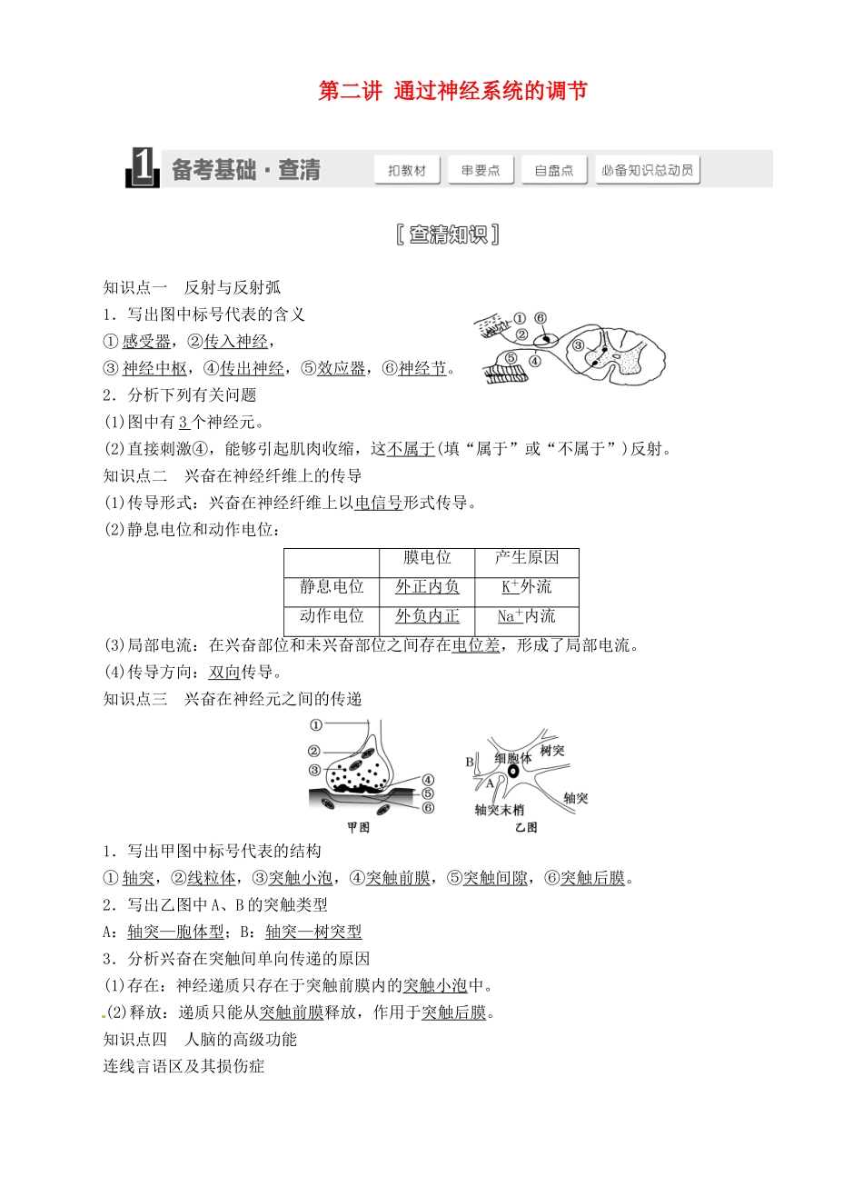 【三维设计】2015届高考生物一轮精品讲义 1.2 通过神经系统的调节 新人教版必修3_第1页