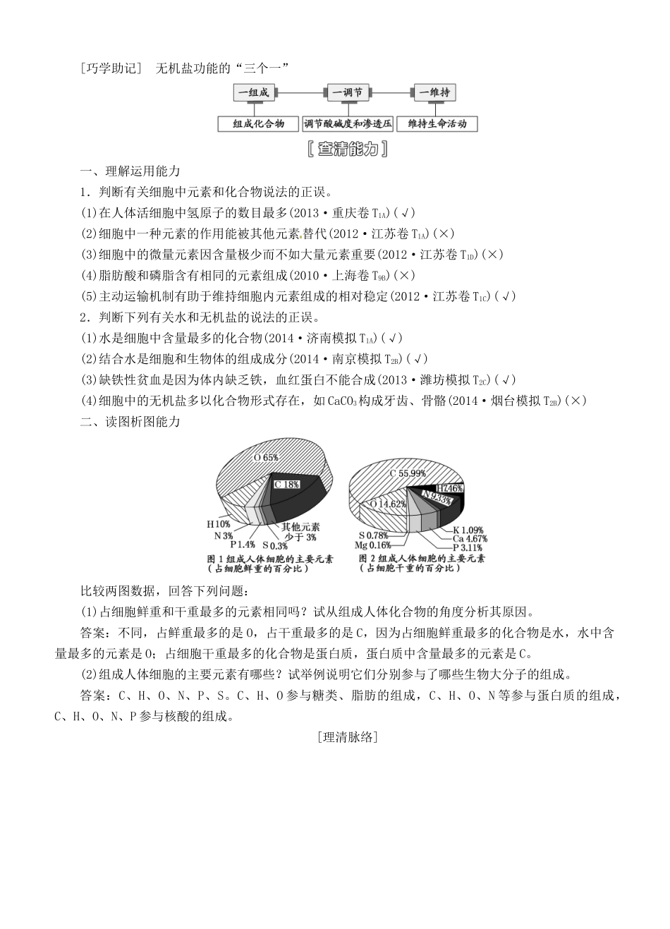 【三维设计】2015届高考生物一轮精品讲义 1.2 组成细胞的元素及无机化合物 新人教版必修1_第2页