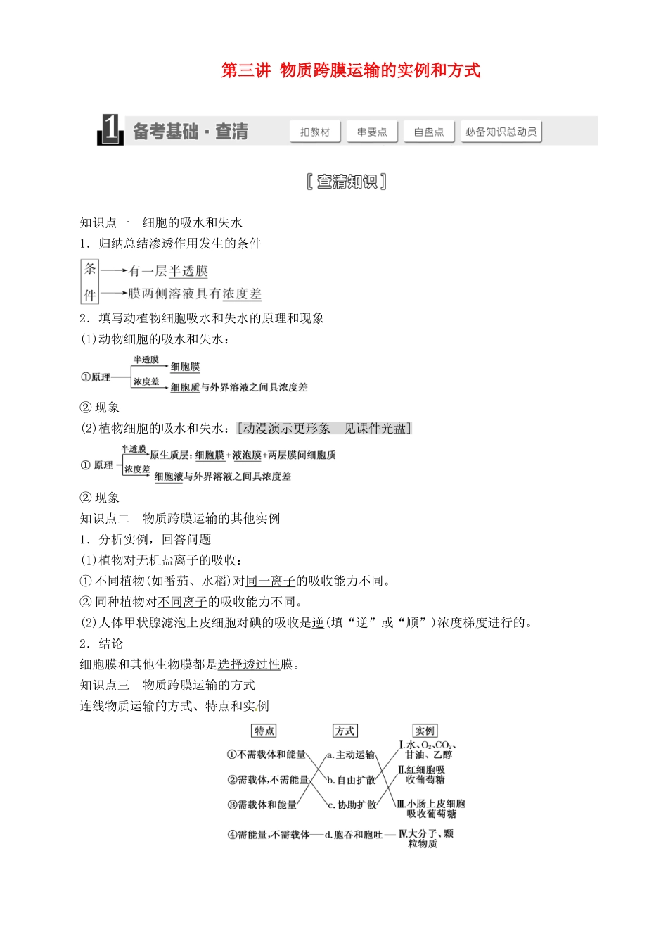 【三维设计】2015届高考生物一轮精品讲义 2.3 物质跨膜运输的实例和方式 新人教版必修1_第1页