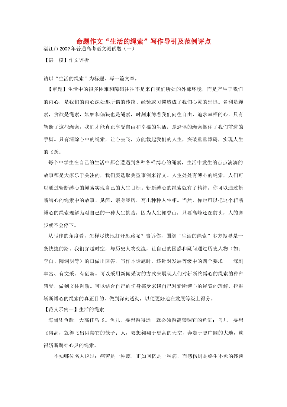 【吹尽狂沙系列】高中语文 经典话题作文题写作指导 命题作文“生活的绳索”写作导引及范例评点_第1页