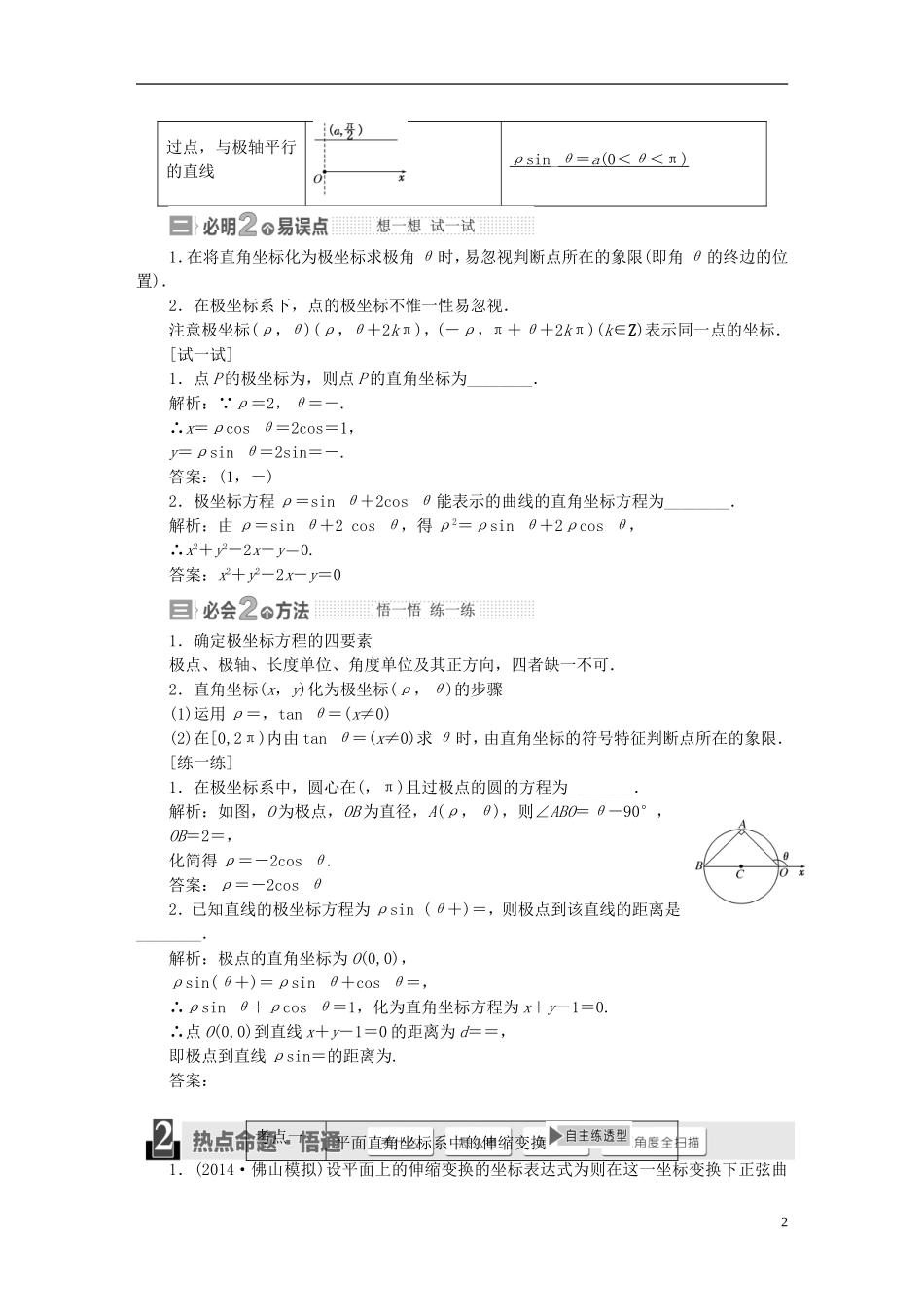 【三维设计】2015届高考数学大一轮复习讲义（备考基础查清+热点命题悟通）第十五章 坐标系与参数方程 理 苏教版_第2页