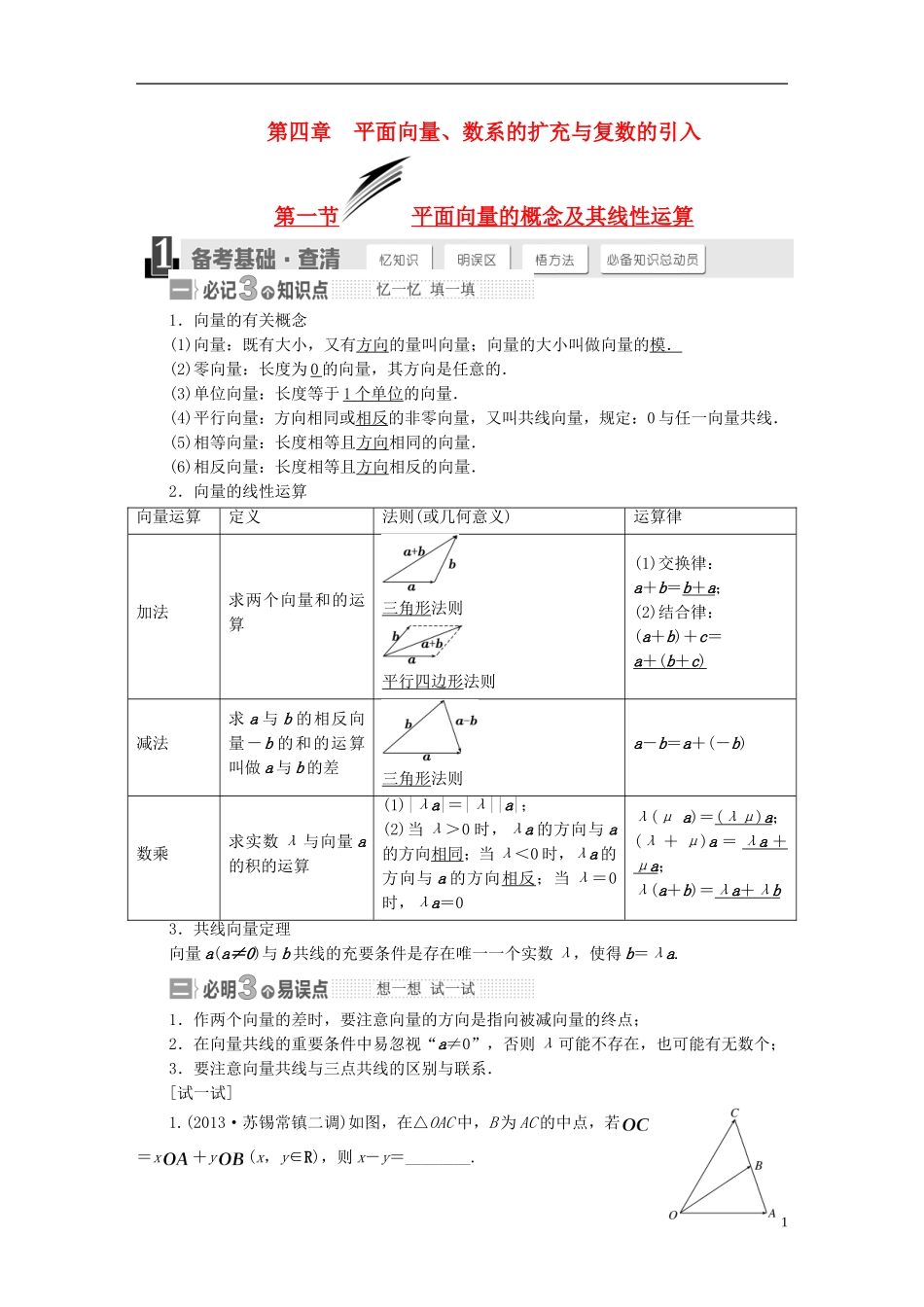 【三维设计】2015届高考数学大一轮复习讲义（备考基础查清+热点命题悟通）第四章 平面向量、数系的扩充与复数的引入 理 苏教版_第1页
