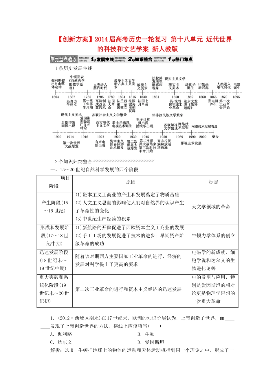【创新方案】2014届高考历史一轮复习 第十八单元 近代世界的科技和文艺学案 新人教版_第1页
