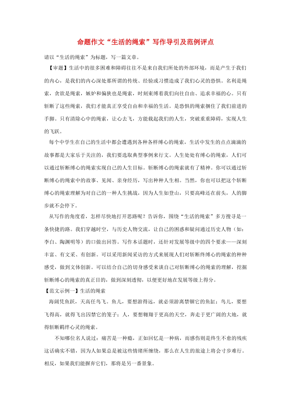 【吹尽狂沙系列】高中语文 经典话题作文题写作指导 生活的绳索写作导引及范例评点_第1页