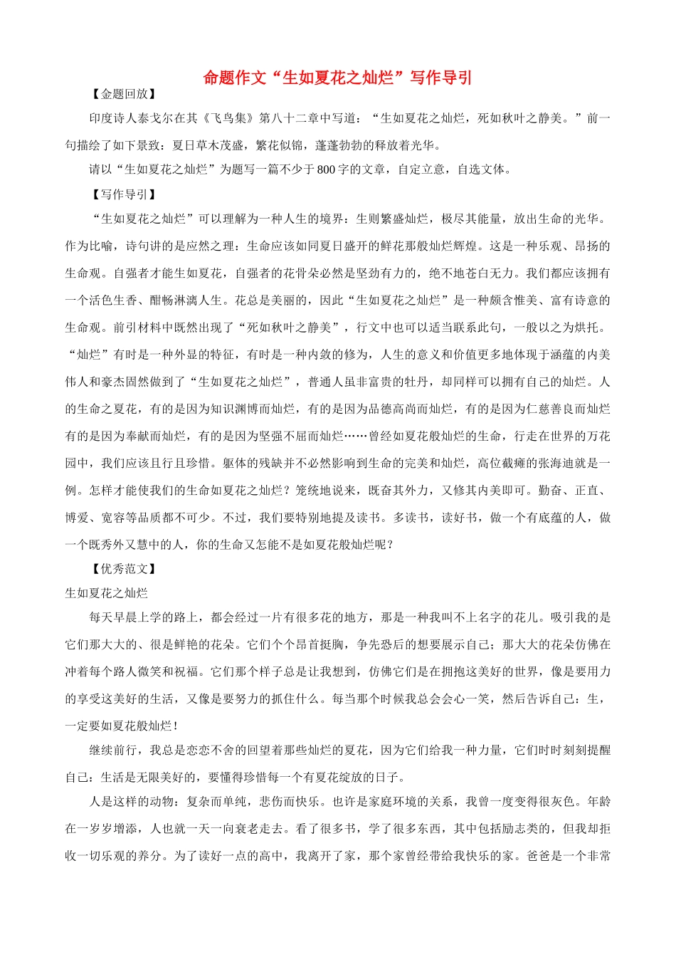 【吹尽狂沙系列】高中语文 经典话题作文题写作指导 生如夏花之灿烂_第1页