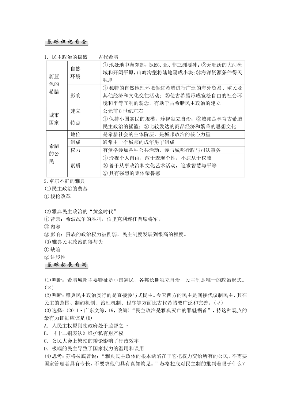 【创新设计】（四川专用）2015届高考历史一轮复习精讲（基础知识导学+核心要点突破+高考命题视角）第9课时 古代希腊、罗马的政治文明（含解析）人民版必修1_第2页