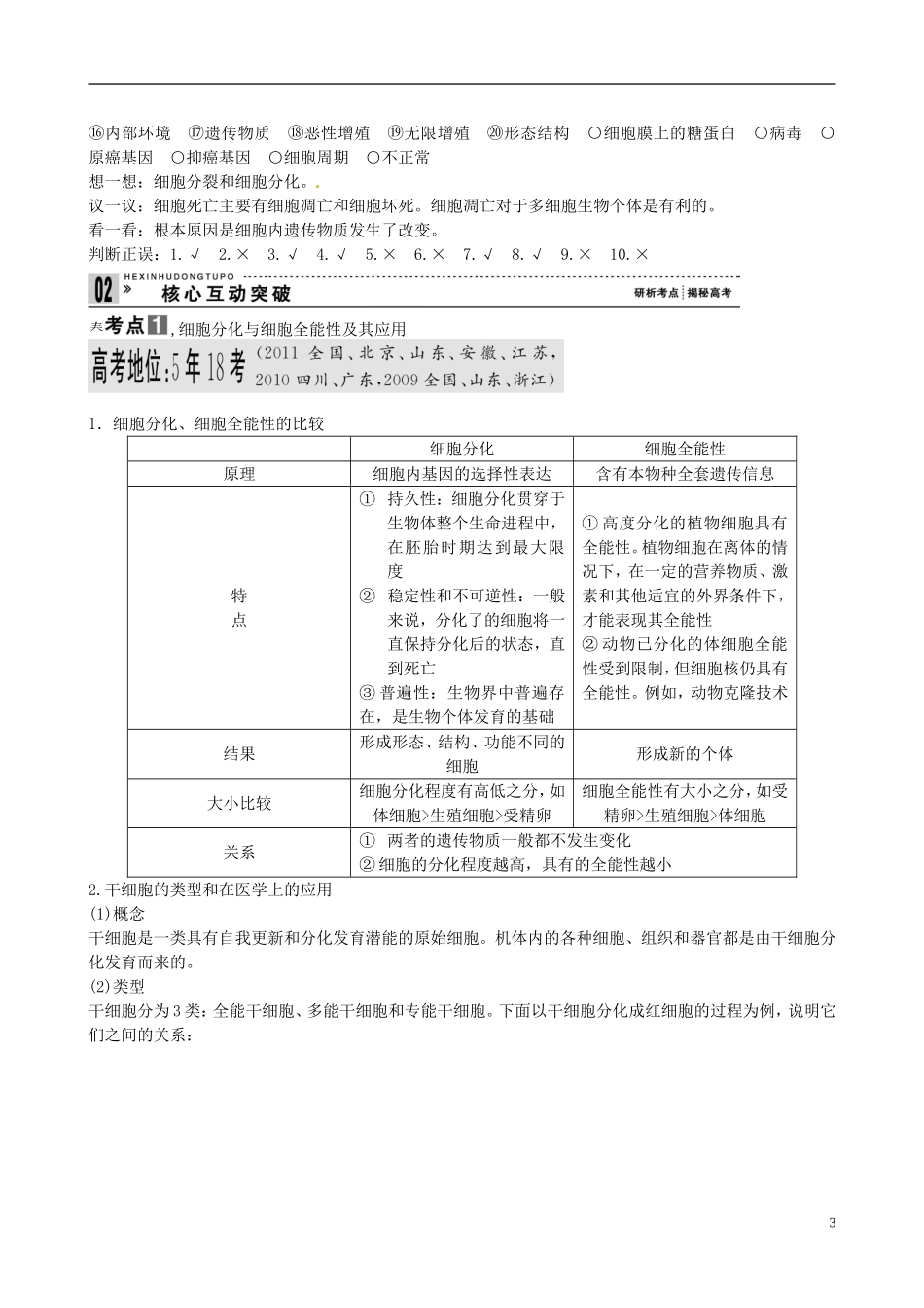 【备考2014】高考生物一轮复习 第2讲 细胞的分化学案 新人教版必修1 _第3页