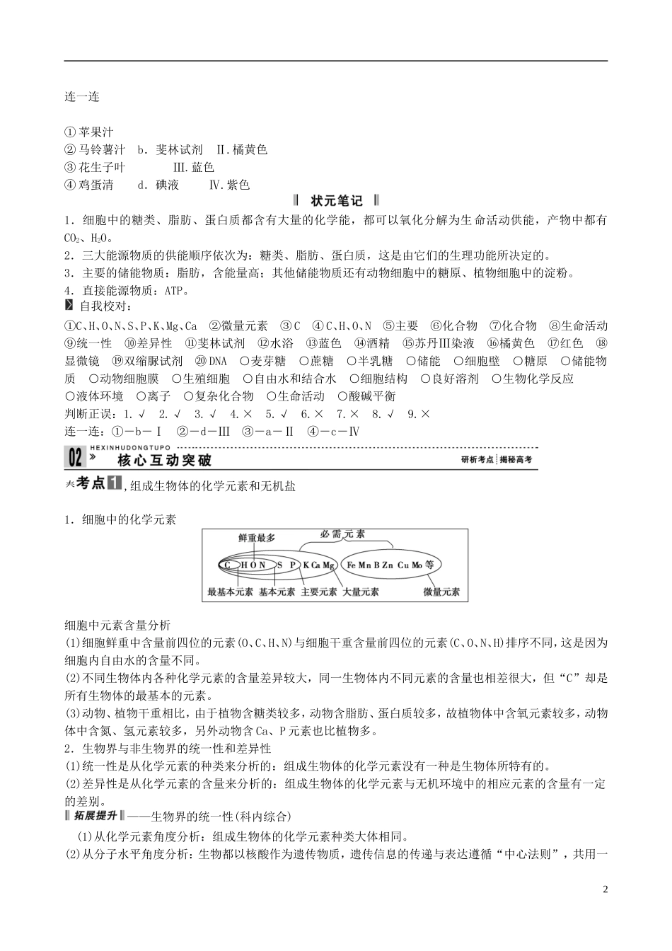 【备考2014】高考生物一轮复习 第2讲 细胞中的元素和化合物学案 新人教版必修1 _第2页